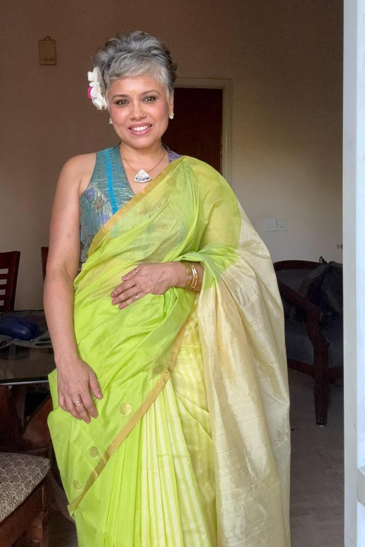 Lime Glow – Chanderi Cotton Silk Saree with Stripes in Lemon Yellow - Kozylook