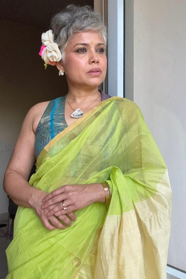 Lime Glow – Chanderi Cotton Silk Saree with Stripes in Lemon Yellow - Kozylook