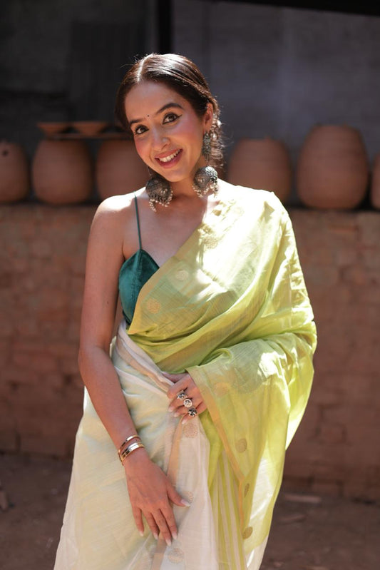 Lime Glow – Chanderi Cotton Silk Saree with Stripes in Lemon Yellow - Kozylook